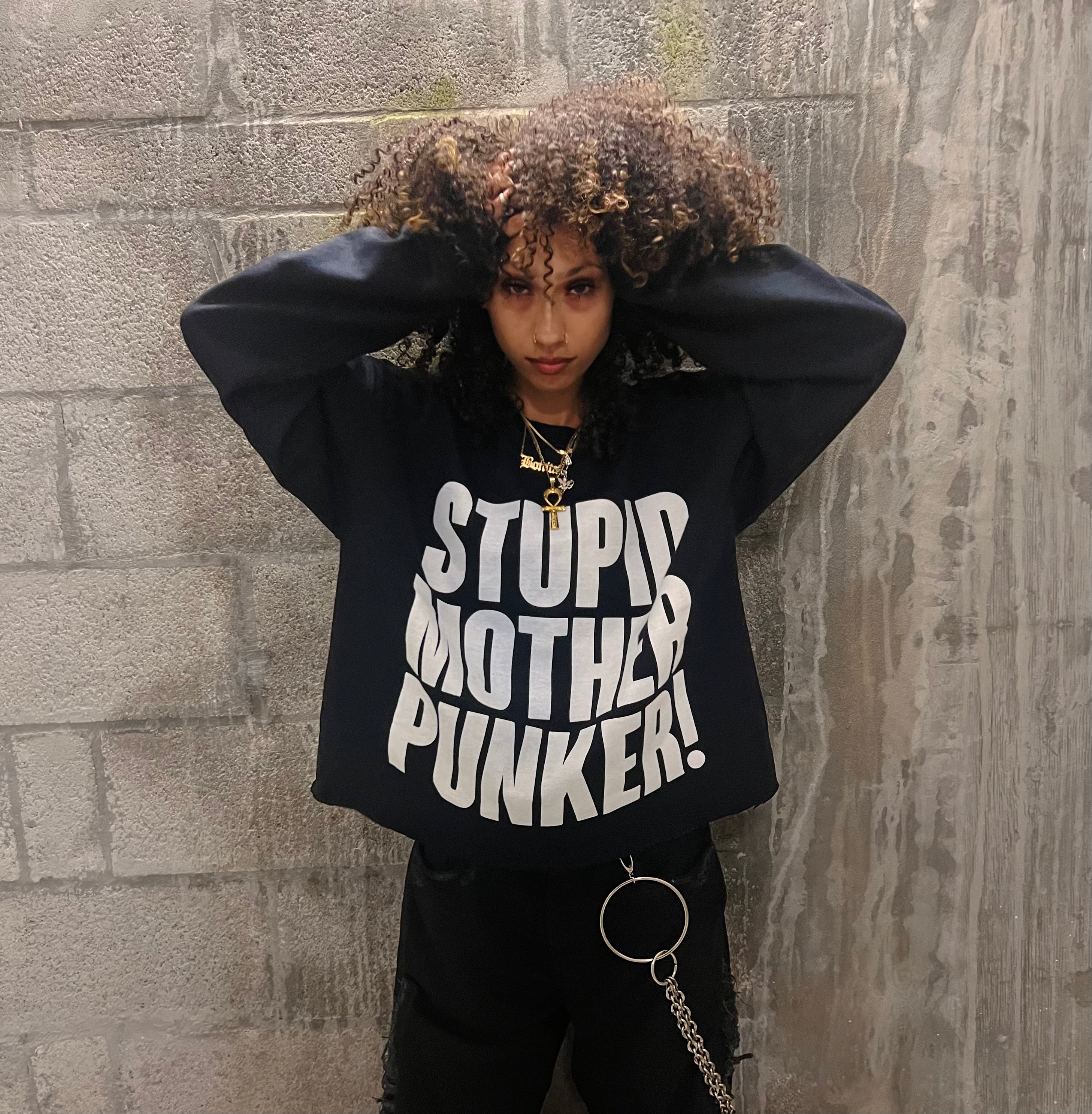 Stupid Mother Punker! Black Crewneck Sweater